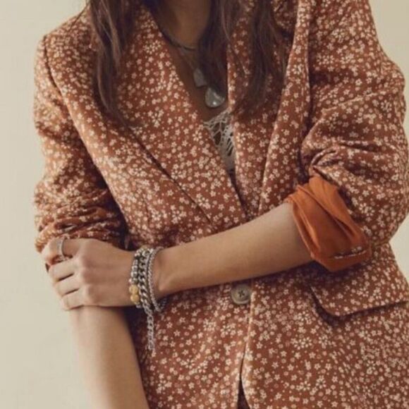 Free People Maggie Burnt Orange Floral Linen Blazer Pants Set Size 2 - Picture 1 of 10
